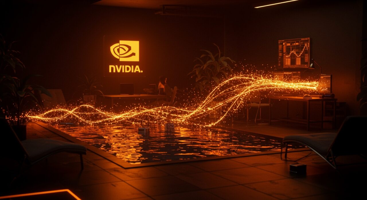Inversión de Nvidia en Poolside reforzando liderazgo en IA con energía digital y entorno tecnológico futurista.