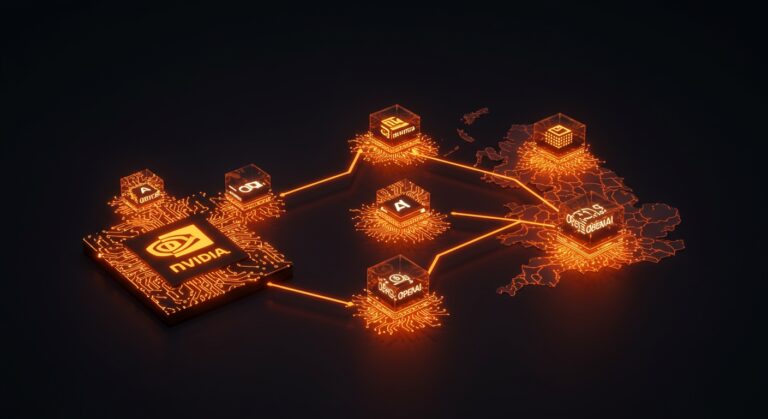 Inversiones de Nvidia en startups de IA destacadas, mostrando conexiones digitales y crecimiento del ecosistema tecnológico en Reino Unido.