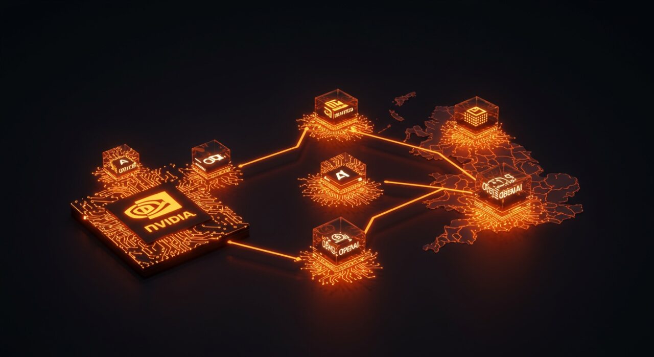 Inversiones de Nvidia en startups de IA destacadas, mostrando conexiones digitales y crecimiento del ecosistema tecnológico en Reino Unido.