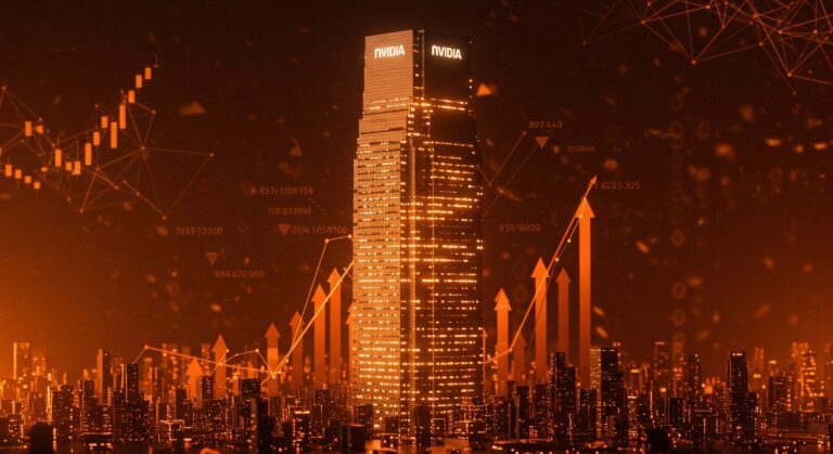 Representación visual de Nvidia alcanzando un valor de mercado histórico con símbolos tecnológicos y crecimiento financiero en ecosistema startup.