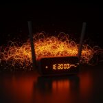 Ilustración conceptual de problemas de velocidad y estabilidad en wifi con señales fragmentadas y patrones de interferencia en tonos naranja y negro.