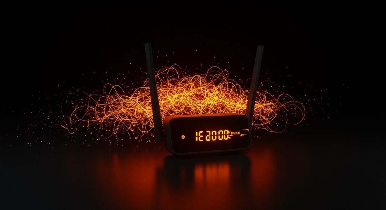 Ilustración conceptual de problemas de velocidad y estabilidad en wifi con señales fragmentadas y patrones de interferencia en tonos naranja y negro.