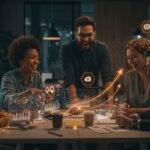 Grupo de startups colaborando en un espacio moderno con elementos visuales que representan emprendimiento tecnológico, mentoría y transformación digital en Ceuta Open Future.