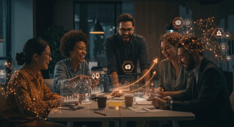 Grupo de startups colaborando en un espacio moderno con elementos visuales que representan emprendimiento tecnológico, mentoría y transformación digital en Ceuta Open Future.