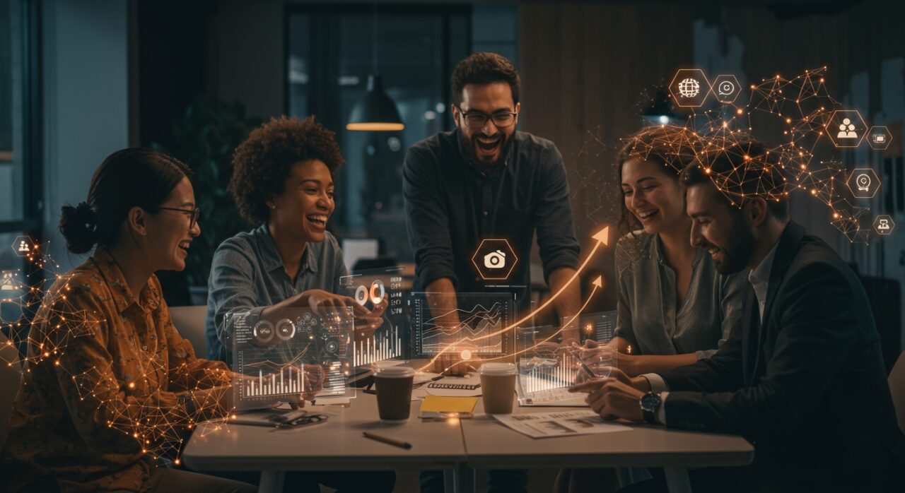 Grupo de startups colaborando en un espacio moderno con elementos visuales que representan emprendimiento tecnológico, mentoría y transformación digital en Ceuta Open Future.