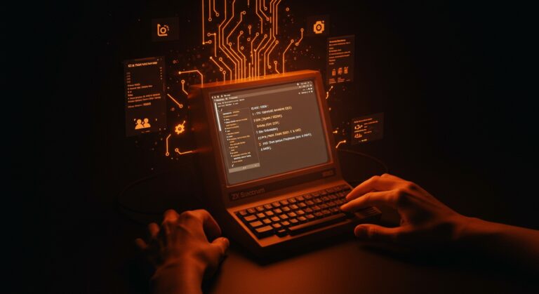 Desarrollador recreando una web moderna en ZX Spectrum, innovando con diseño retro y programación básica en computación vintage.