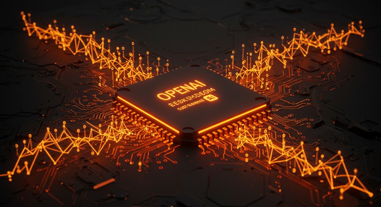 Chip XPU personalizado de IA desarrollado por OpenAI y Broadcom destacado sobre una placa de circuito con iluminación naranja y negra representando la innovación en hardware para inteligencia artificial.
