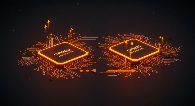 Colaboración entre OpenAI y Broadcom desarrollando aceleradores de hardware AI con chips tecnológicos en paleta naranja y negra.