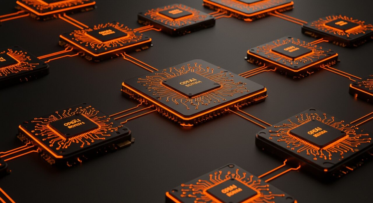 Chips de IA personalizados de OpenAI integrados en un centro de datos de alta tecnología, destacando la colaboración con Broadcom y Arm para hardware especializado de inteligencia artificial.