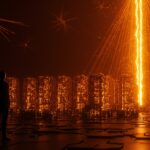 Sam Altman frente a centros de datos IA iluminados en naranja, simbolizando el financiamiento masivo y expansión de infraestructura de OpenAI en el ecosistema tecnológico.