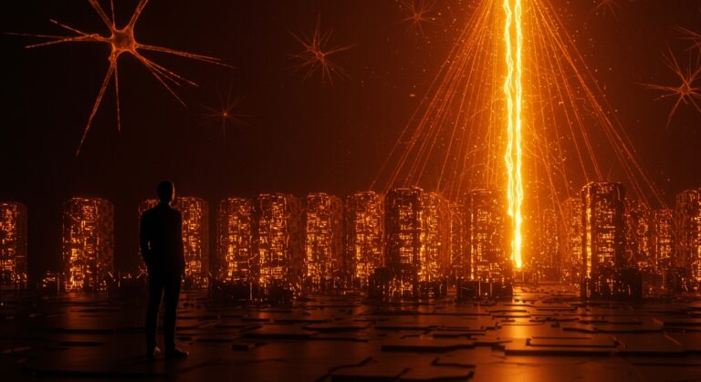 Sam Altman frente a centros de datos IA iluminados en naranja, simbolizando el financiamiento masivo y expansión de infraestructura de OpenAI en el ecosistema tecnológico.