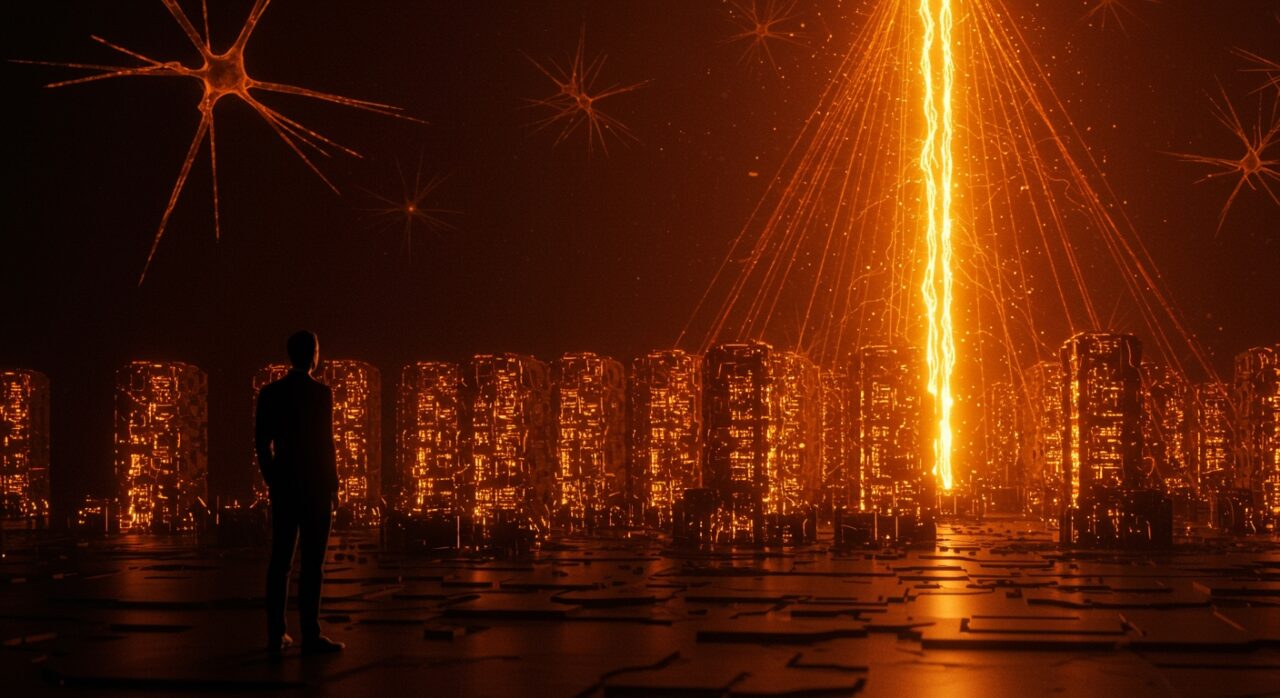 Sam Altman frente a centros de datos IA iluminados en naranja, simbolizando el financiamiento masivo y expansión de infraestructura de OpenAI en el ecosistema tecnológico.