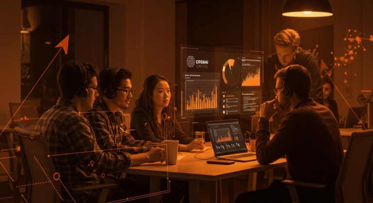 Fundadores tech colaborando en un espacio moderno, simbolizando las experiencias y beneficios del programa OpenAI Grove para startups en etapa temprana.