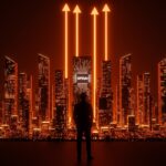 Silhouette de Sam Altman frente a un paisaje digital que representa la IPO de OpenAI valorada en un trillón de dólares en el mercado de inteligencia artificial.