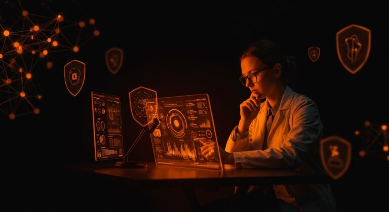 Profesional revisando datos de IA para asesoría médica y legal, destacando políticas de uso responsable de OpenAI.