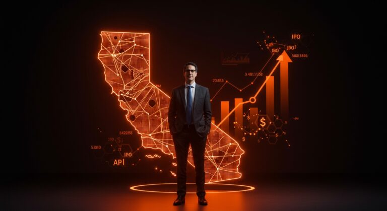 Sam Altman de OpenAI representado con un fondo digital de California, simbolizando el compromiso con la permanencia estatal y la estrategia de IPO en 2027.