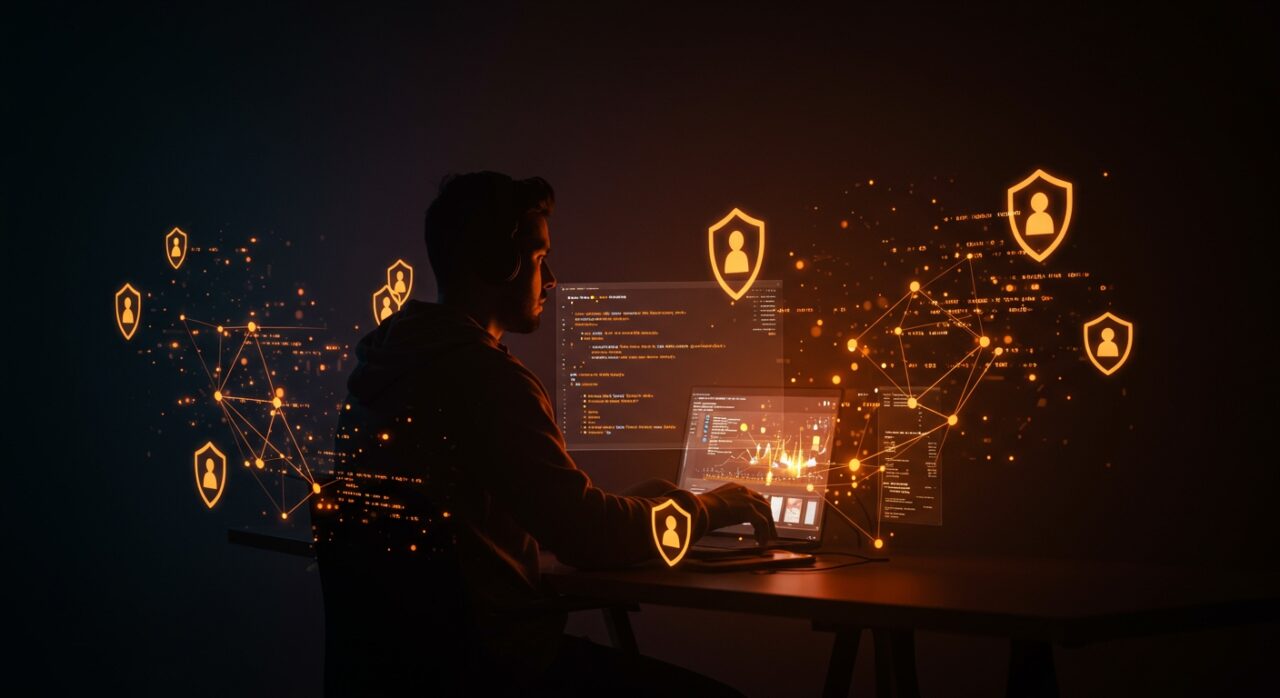 Tech Lead Node.js trabajando remotamente en privacidad digital y automatización en startups de LATAM con estilo Ecosistema Startup.