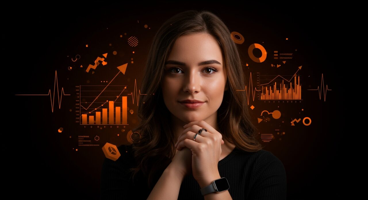 Mujer joven con anillo inteligente representando la segmentación de mercado y crecimiento en wearables de salud digital.