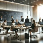 Oficinas modernas con equipos jóvenes utilizando computadoras y pizarras digitales.