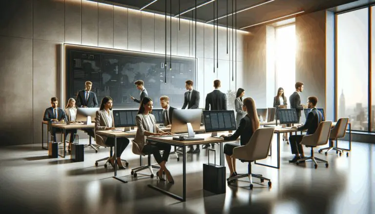 Oficinas modernas con equipos jóvenes utilizando computadoras y pizarras digitales.