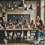 Grupo diverso de emprendedores dialogando en un espacio de coworking moderno con pizarras, laptops y ambiente tecnológico.