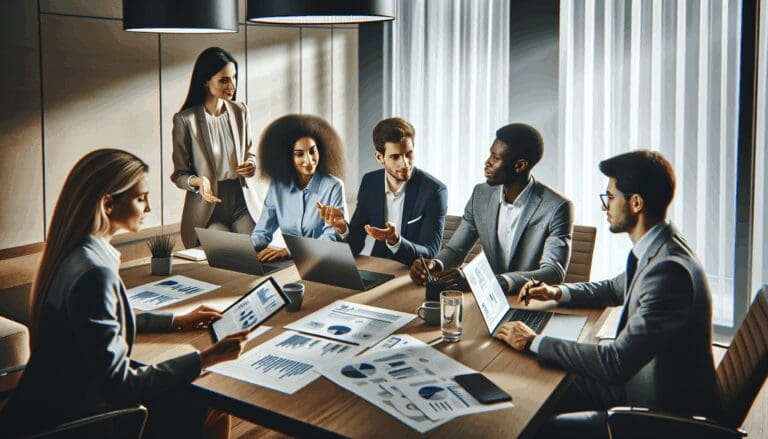 Grupo de profesionales colaborando en una sala de reuniones moderna con laptops y gráficos financieros.