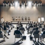 Auditorio moderno con emprendedores presentando ideas frente a un jurado y asistentes atentos, ambiente profesional y tecnológico.