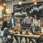 Jóvenes profesionales colaborando en un espacio de coworking con pantallas mostrando gráficos de criptomonedas.