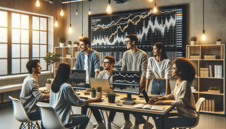 Jóvenes profesionales colaborando en un espacio de coworking con pantallas mostrando gráficos de criptomonedas.