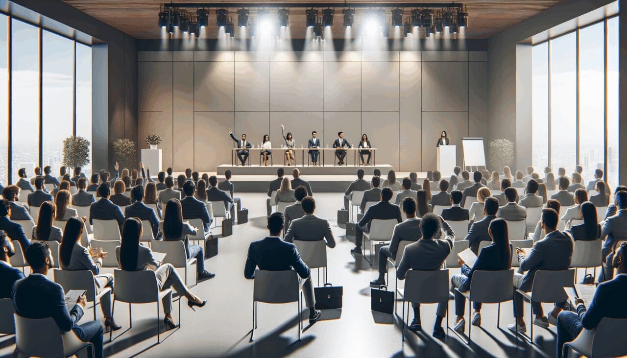 Auditorio moderno con emprendedores presentando ideas frente a un jurado y asistentes atentos, ambiente profesional y tecnológico.