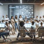 Grupo diverso de profesionales tecnológicos colaborando en una sala moderna llena de pantallas y pizarras digitales.
