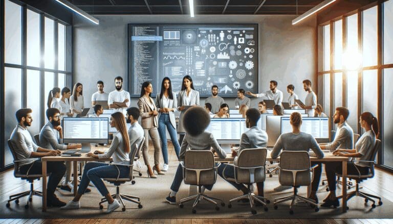 Grupo diverso de profesionales tecnológicos colaborando en una sala moderna llena de pantallas y pizarras digitales.