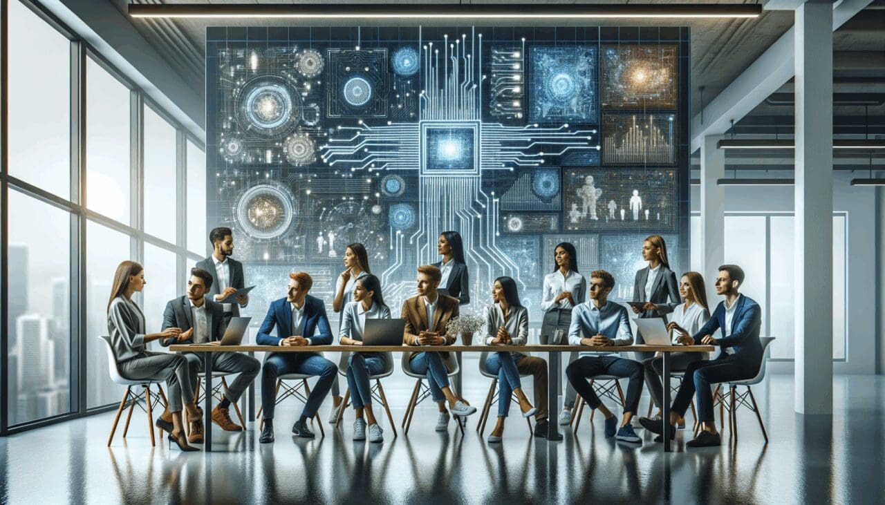 Jóvenes emprendedores colaborando frente a pantallas con gráficos digitales y circuitos, fondo luminoso de oficina tecnológica.