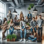 Equipo de jóvenes emprendedores en un espacio de coworking rodeados de plantas, laptops y elementos tecnológicos.