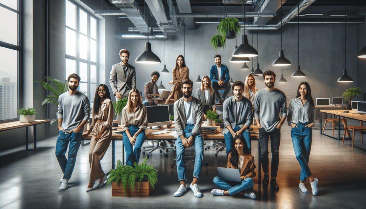 Equipo de jóvenes emprendedores en un espacio de coworking rodeados de plantas, laptops y elementos tecnológicos.