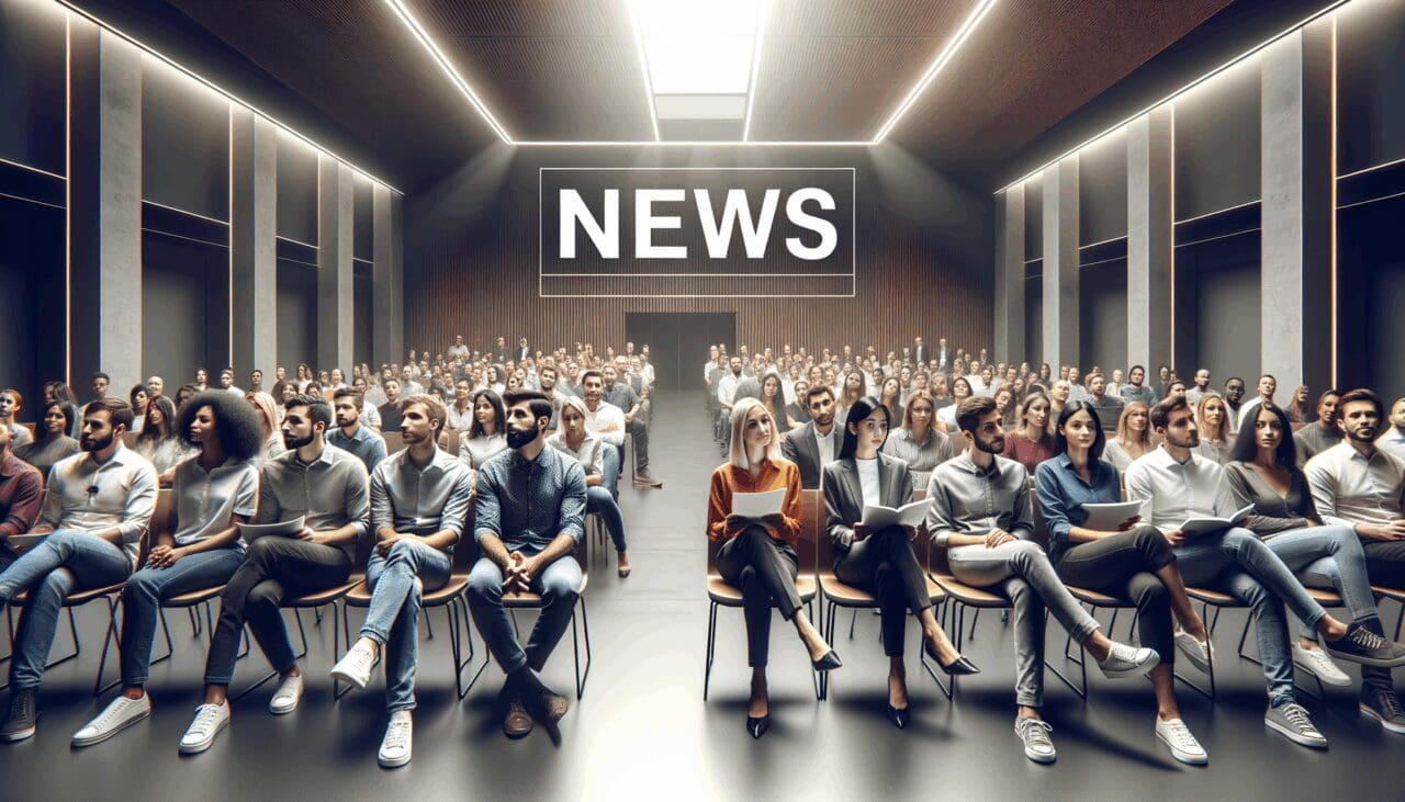 Personas reunidas en un moderno auditorio, escuchando una presentación sobre emprendimiento y tecnología.