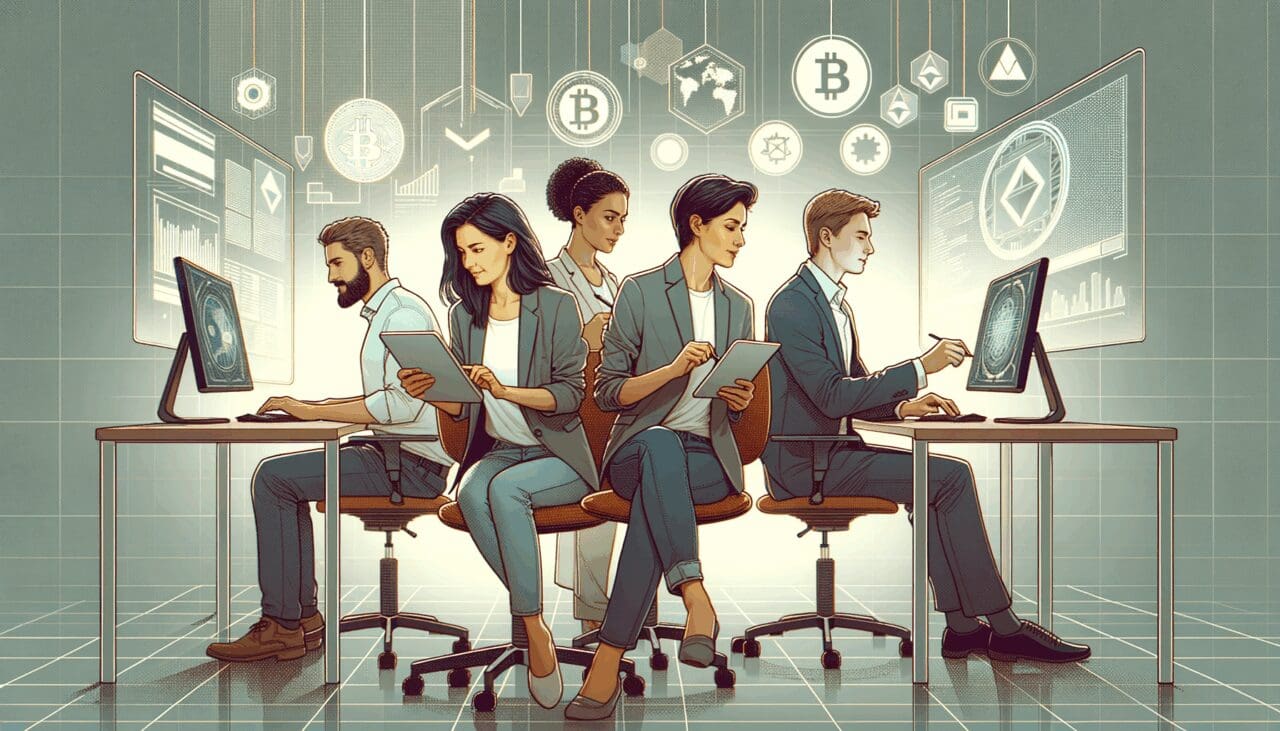 Ilustración conceptual de jóvenes emprendedores trabajando con computadoras y tecnología blockchain en una oficina moderna.