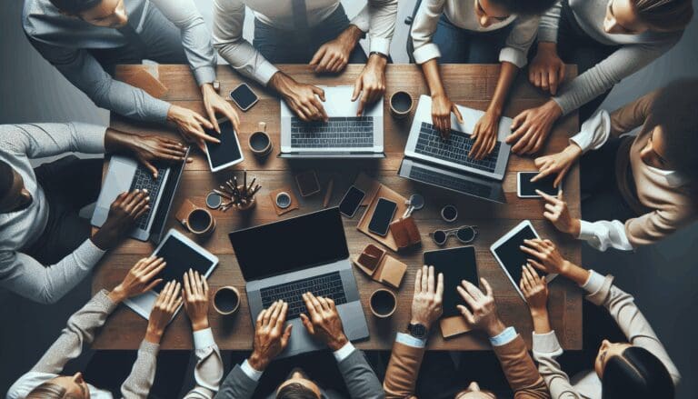 Manos de un equipo diverso de emprendedores revisando computadoras portátiles y tablets en una oficina moderna.