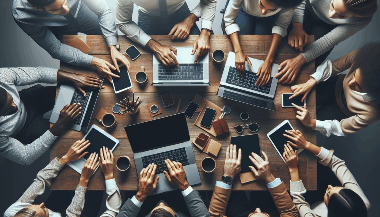 Manos de un equipo diverso de emprendedores revisando computadoras portátiles y tablets en una oficina moderna.