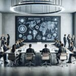 Sala de juntas tecnológica con emprendedores discutiendo sobre regulaciones e innovación financiera.