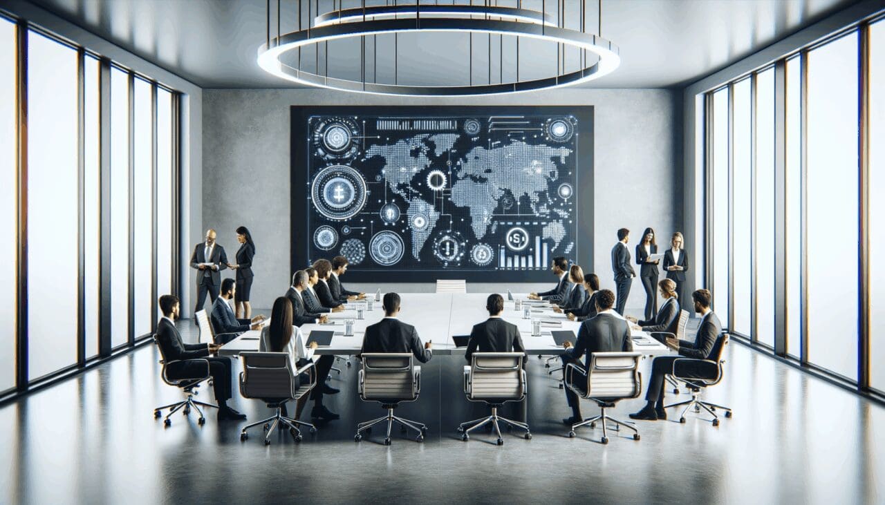 Sala de juntas tecnológica con emprendedores discutiendo sobre regulaciones e innovación financiera.