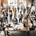 Emprendedores reunidos en un moderno coworking, laptops y gráficos sobre una mesa, ambiente de trabajo dinámico.