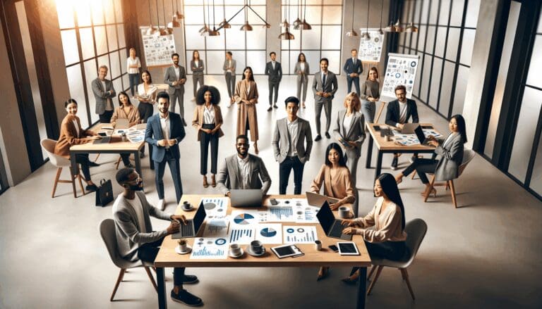 Emprendedores reunidos en un moderno coworking, laptops y gráficos sobre una mesa, ambiente de trabajo dinámico.