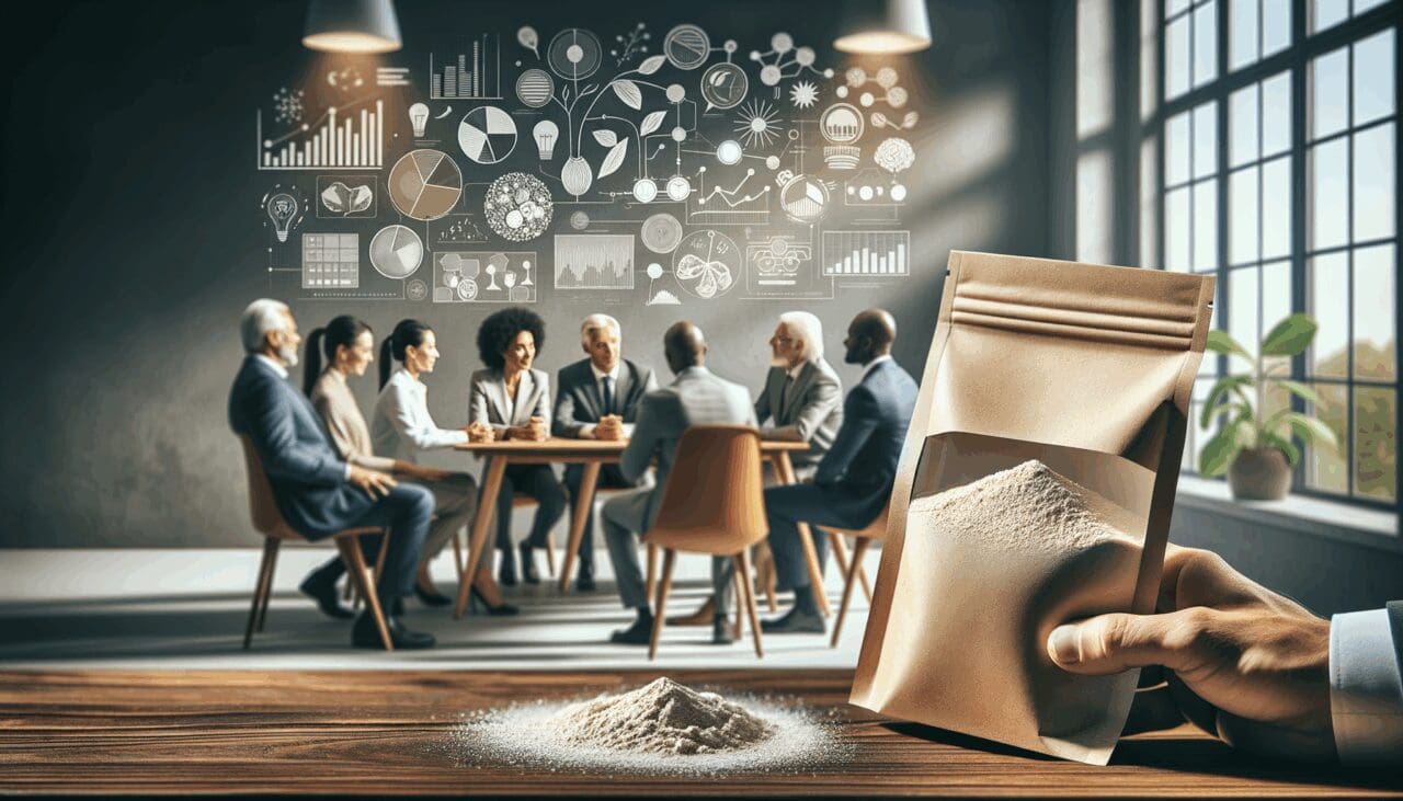 Primer plano de sobres innovadores con polvo alimenticio en una mesa elegante, grupo diverso de jóvenes emprendedores conversando al fondo en un entorno moderno.