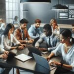 Grupo diverso de profesionales colaborando en una oficina moderna con pizarras digitales y laptops.