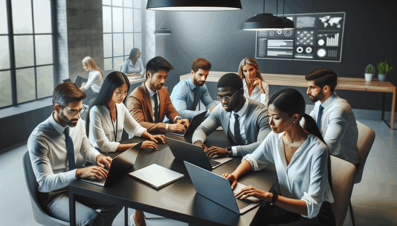 Grupo diverso de profesionales colaborando en una oficina moderna con pizarras digitales y laptops.