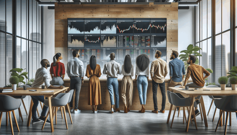 Grupo diverso de emprendedores observando pantallas de datos financieros en un moderno espacio de coworking.