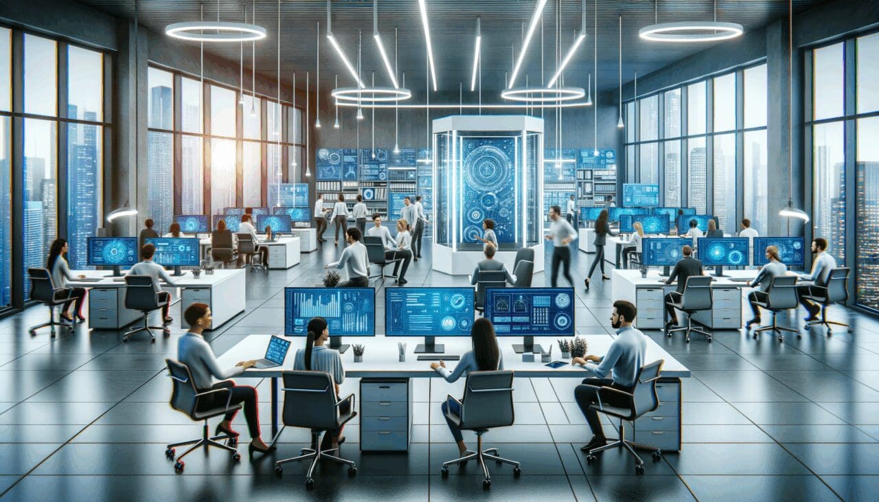 Oficinas modernas y vibrantes con equipos tecnológicos colaborando en un espacio compartido.