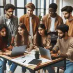 Grupo de jóvenes emprendedores colaborando en un espacio de coworking moderno, laptops y pizarras en uso.