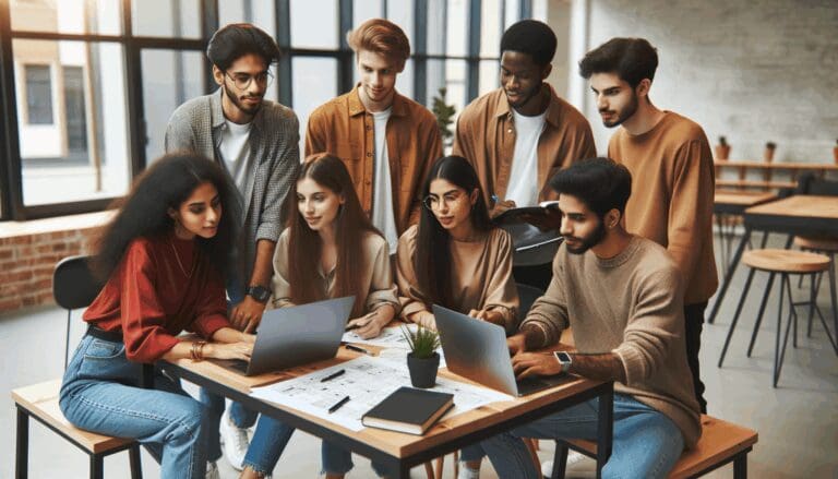 Grupo de jóvenes emprendedores colaborando en un espacio de coworking moderno, laptops y pizarras en uso.